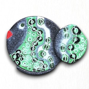 Green polka dot fish ceramic wall art, stylized modern Etna Lava Stone sculpture, beach house gift, 5.512x7.48 inc
