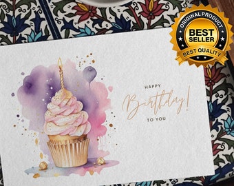 Happy Birthday Card . DIGITAL Download . Printable Birthday Card Featuring Colorful Cupcake . Printable Happy Birthday Card . Printable Card