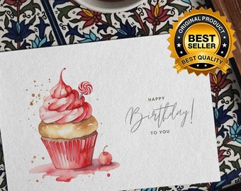 Happy Birthday Card . DIGITAL Download . Printable Birthday Card Featuring Colorful Cupcake . Printable Happy Birthday Card . Printable Card