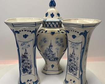 Vintage Traditional Dutch Handpainted Delft Blue Porcelain Cabinet Set of 3, Delftware Vases, Classic Mid-Century Home Decor Accent