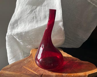 Vintage Abstract Shaped Thick Red Glass Vase, Modern Home Decor Syle, Statement Vignette Piece, Side Table Decor, Skinny Thin Neck Vase