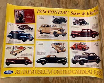Póster retro de coches Pontiac Sixes & Eights de 1938 de United Cardealers, impresión en amarillo, 84 x 59 cm / 33 x 23 pulgadas