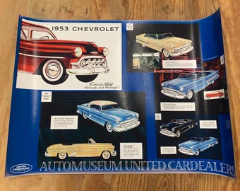Póster vintage de un Chevrolet de 1953 de United Cardealers, impresión retro en azul marino, 84 x 59 cm / 33 x 23 pulgadas