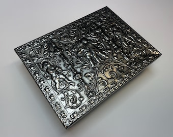 Beautiful Vintage Carved Steel Case With Biblical Motives, Storage Trinket Container, Unique Swirl and Angel Design Metal Box