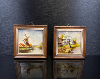 Azulejos holandeses clásicos pintados a mano con marco, juego de 2, con motivos de molinos de viento y naturaleza, arte cultural europeo, tapices de pared