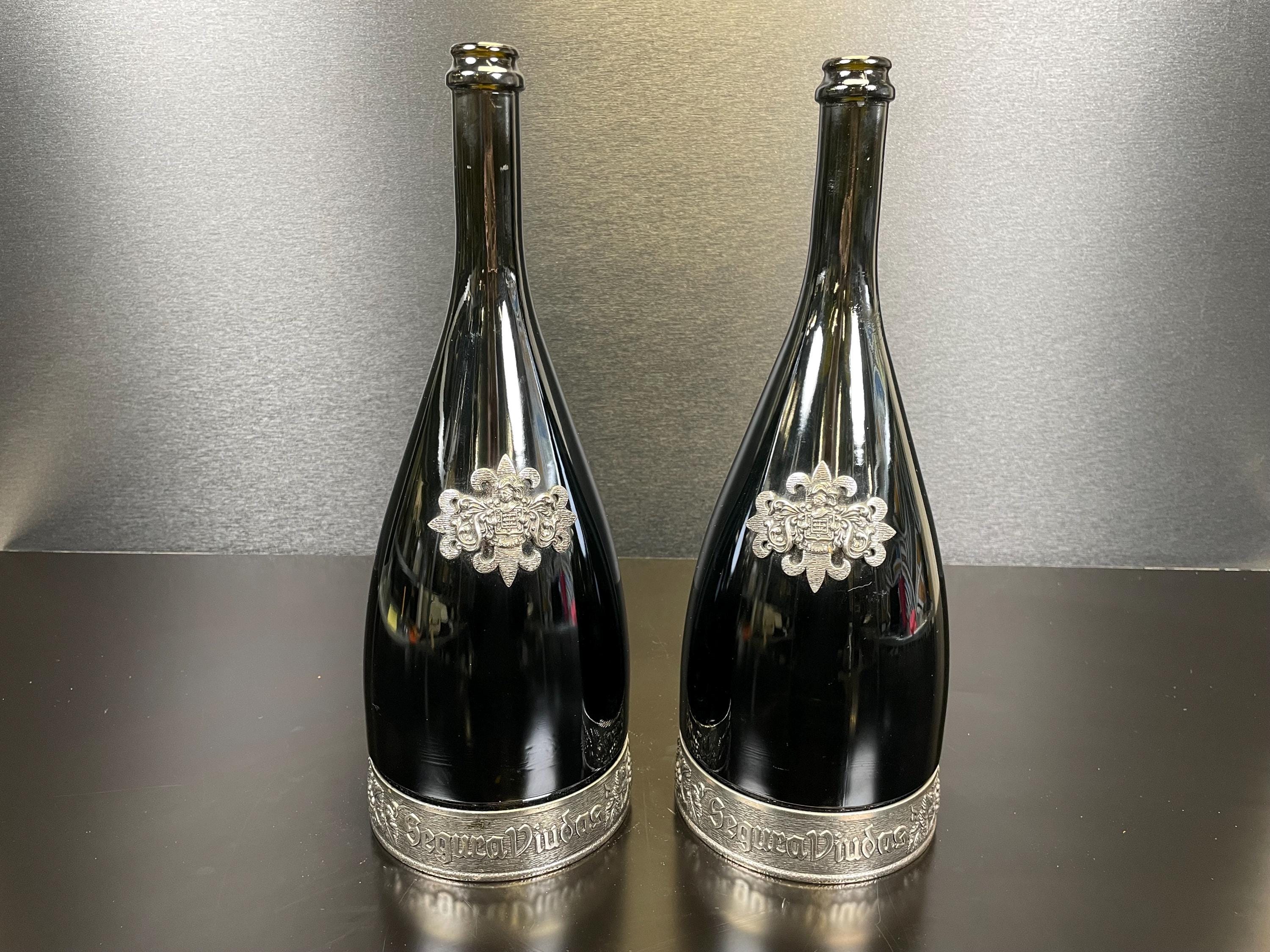 Two Sigura Viudas Decorative Spanish Cava Bottles, Dark Glass, Silver Ornate Detailing of Grape Vines, Brut Reserva Heredad, 1,5 L Empty