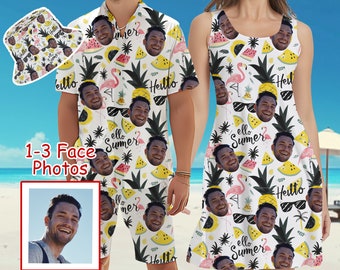 Custom Hawaiian Face Shirt Dress, Personalized Couples Matching Outfit for Holiday, Hawaiian Set for Bachelor Party, Custom Tropical Shirt