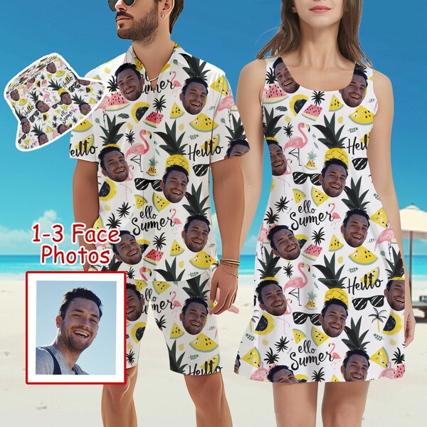 Custom Hawaiian Face Shirt Dress, Personalized Couples Matching Outfit for Holiday, Hawaiian Set for Bachelor Party, Custom Tropical Shirt