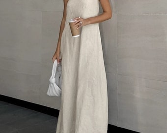 Fashion Khaki Linen A-Line Dress - Women 2024 Summer, Pockets, Strapless Long Casual Midi Dress for Vacation