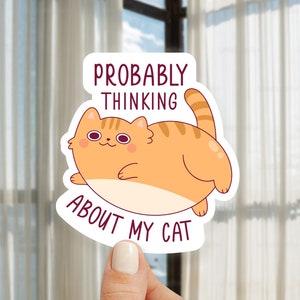 Sticker Probablement Thinking about My Cat, Sticker bouteille d&#39;eau, Sticker pour coque de téléphone, Stickers chaton en vinyle, Sticker gros chat, Sticker chat mignon