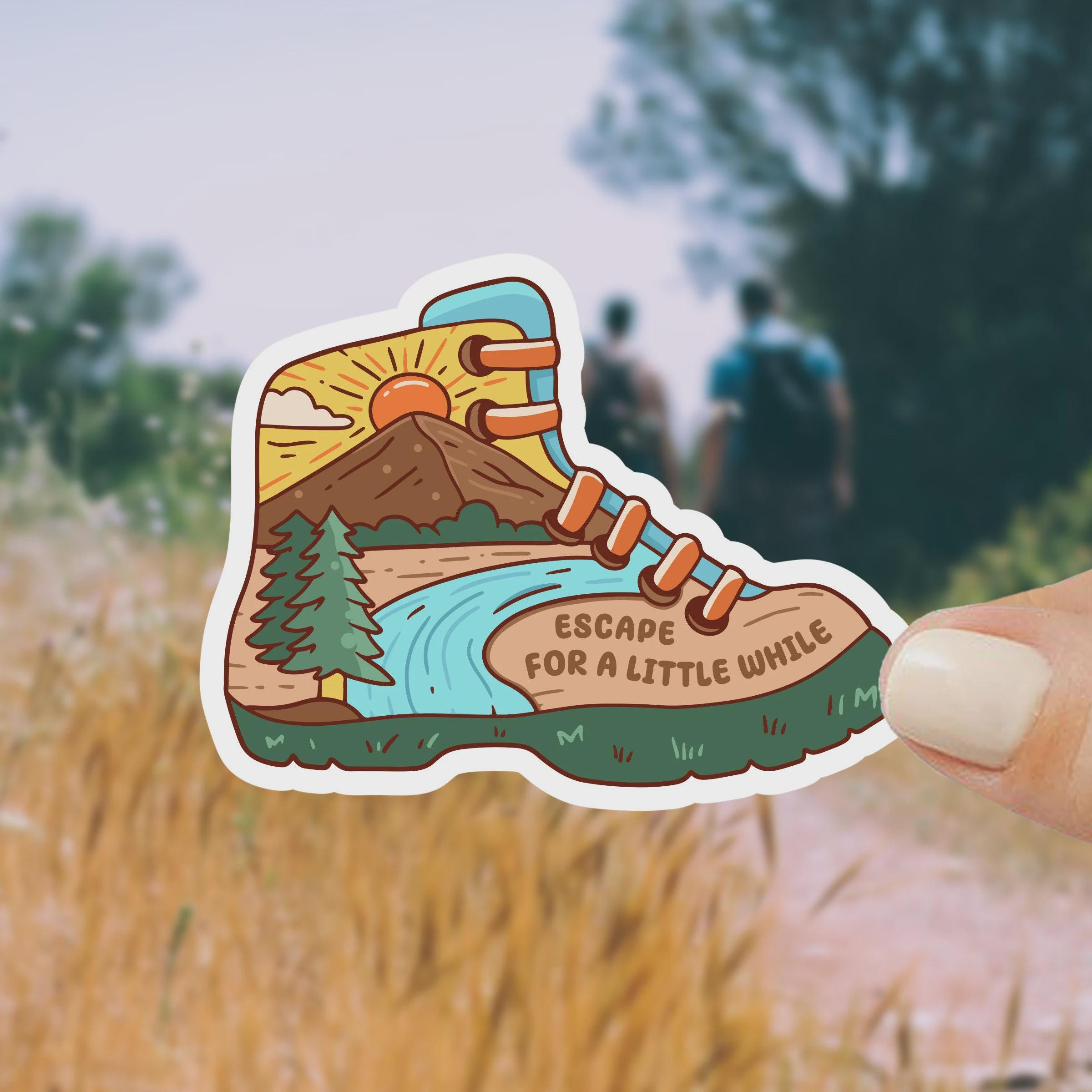 Escape For A Little While Sticker Hiking Boot Adventure Decal Outdoor Nature Mountain Laptop Sticker Wilderness Vinyl Gift Pine Tree River