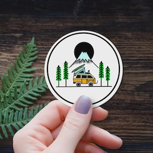 Yellow Camper Van Sticker Mountain Adventure Decal Outdoor Nature Pine Trees Laptop Sticker Van Life Camping Vinyl Wilderness Gift Night Sky