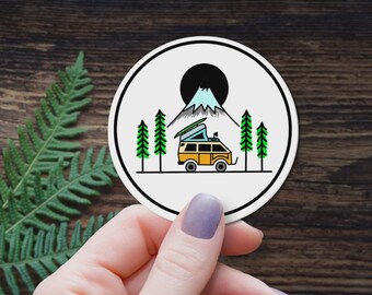 Yellow Camper Van Sticker Mountain Adventure Decal Outdoor Nature Pine Trees Laptop Sticker Van Life Camping Vinyl Wilderness Gift Night Sky