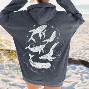 Celestial Whales Hoodie Whale Hooded Sweatshirt Humpback Blue Whale Lover Gift Respect the Locals Top Marine Animal Shirt Coastal Grandma