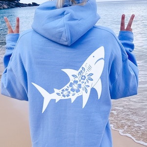Hibicus Tattoo Shark Hoodie Respect the Locals Hoodie Ocean Beach Linocut Hoodie Ocean Animal Sweater Gift for Shark Lover