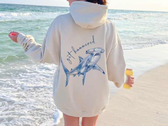 Hammerhead Shark Hoodie, Beachy Hoodies, Beach Ocean Animal Pullover, Save the Sharks Top