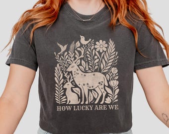 How Lucky Are We Woodland Comfort Colors Shirt Cottagecore Linocut Art Boho Tshirt Forest Friend Naturecore Rustic Granola Girl Hiking Top