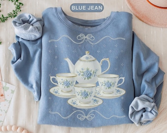 Teacup Comfort Colors Sweatshirt, Vintage Style Grandmacore Crewneck, Floral Teapot Sweater, Cozy Cottagecore Gift, Tea Lover Sweatshirt