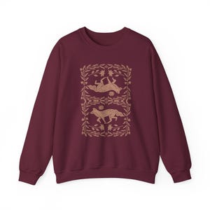 Fox Linocut Woodland Sweatshirt, Cottagecore Folk Art Boho Crewneck, Forest Naturecore Sweater, Granola Girl Top Maroon
