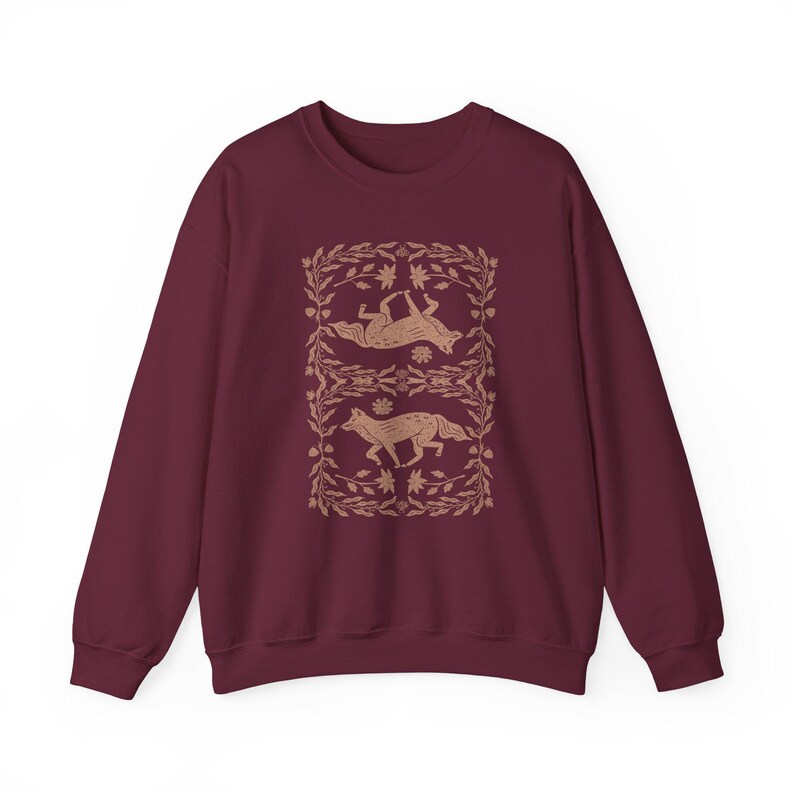 Fox Linocut Woodland Sweatshirt, Cottagecore Folk Art Boho Crewneck, Forest Naturecore Sweater, Granola Girl Top Maroon