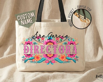 Personalized Directora Tote Bag, Custom Name Gift, Mexican Floral Principal Bag, Bilingual School Large Weekender Bag, Staff Appreciation
