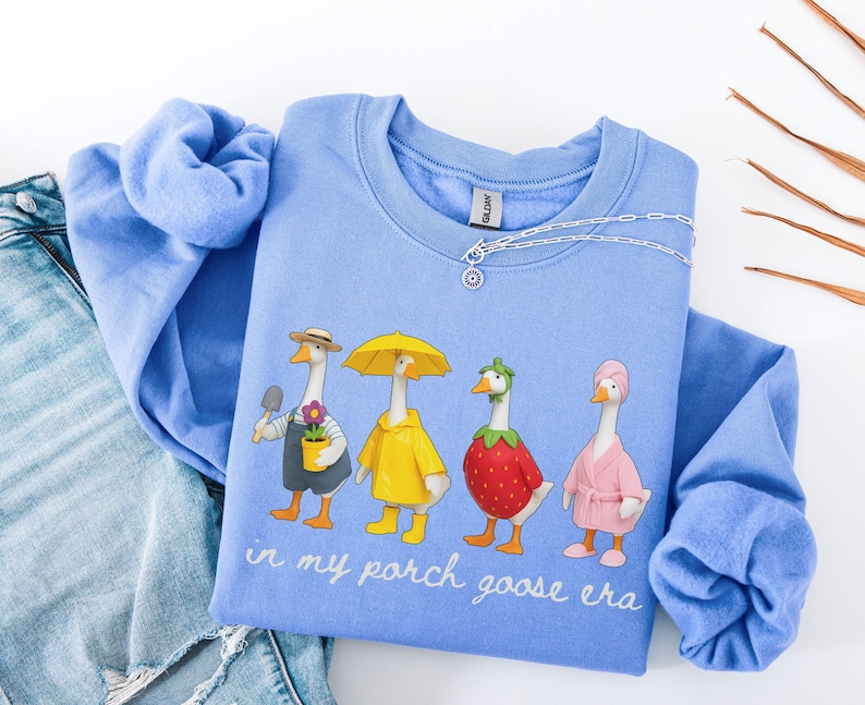 May include: A light blue sweatshirt with a whimsical graphic of four geese dressed in various outfits. The geese are wearing a hat, raincoat, strawberry, and robe. The text "in my porch goose era" is printed below the geese.