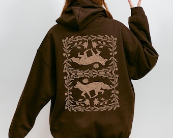 Woodland Fox Linocut Hoodie, Enchanted Forest Cottagecore Pullover, Granola Girl Top