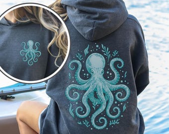 Octopus Hoodie, Boho Beachy Hooded Sweatshirt, Ocean Inspired Style, Oceancore Sweater
