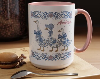 Vintage Country Geese Light Pink Accent Mug Blue 1980s Kitchen Farmhouse Cup Silly Goose Lover Retro Mama Cottagecore Southern Gift