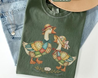 Chemise patchwork Goose Comfort Colors, Tshirt Cottagecore, T-shirt vintage Farmhouse Duck, Cadeau grand-mère