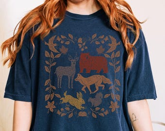 Woodland Animals Comfort Colors Shirt, Cottagecore Linocut Folk Art Tshirt, Enchanted Forest Naturecore Top