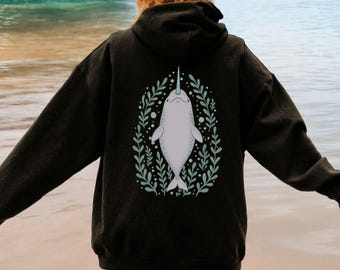 Narwhal Whale Hoodie, Boho Beachy Hooded Sweatshirt, Ocean Inspired Style, Oceancore Sweater