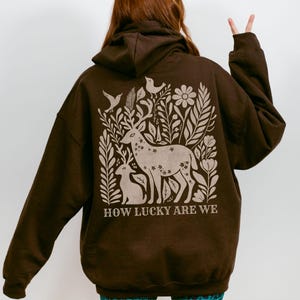 How Lucky Are We  Woodland Hoodie Cottagecore Linocut Art Boho Crewneck Enchanted Forest Friend Naturecore Fall Rustic Granola Girl Hiking