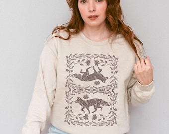 Fox Linocut Woodland Sweatshirt, Cottagecore Folk Art Boho Crewneck, Forest Naturecore Sweater, Granola Girl Top