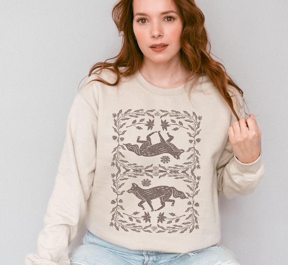 Fox Linocut Woodland Sweatshirt, Cottagecore Folk Art Boho Crewneck, Forest Naturecore Sweater, Granola Girl Top