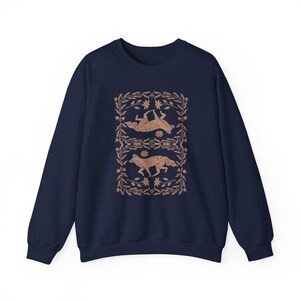 Fox Linocut Woodland Sweatshirt, Cottagecore Folk Art Boho Crewneck, Forest Naturecore Sweater, Granola Girl Top Navy