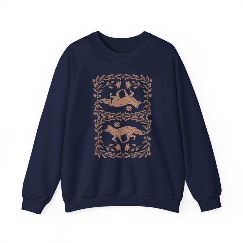 Fox Linocut Woodland Sweatshirt, Cottagecore Folk Art Boho Crewneck, Forest Naturecore Sweater, Granola Girl Top Navy
