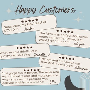 May include: Five customer reviews with five stars each. The reviews are positive and highlight the quality of the product and the seller's customer service. The reviews include the names of the customers: Amber, Jeanette, Abigail, Adrienne, and Elle.