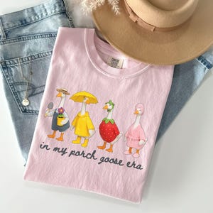 Pu&ograve; includere: Maglietta rosa chiaro con una grafica di quattro oche dei cartoni animati in vari abiti, tra cui un giardiniere, un'oca con un ombrello, un'oca fragola e un'oca in accappatoio. Il testo "in my porch goose era" &egrave; stampato sotto. La maglietta &egrave; abbinata a jeans blu e un cappello beige.