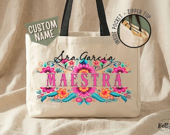 Personalized Spanish Teacher Tote Bag, Maestra Custom Name Zipper Tote, Large Canvas Weekender Bag, Staff Appreciation Gift
