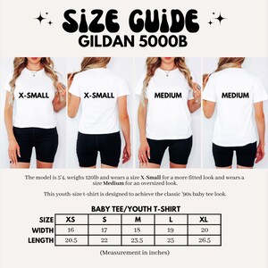 May include: Size chart for Gildan 5000B youth t-shirts. The chart shows the width and length measurements in inches for sizes XS, S, M, L, and XL.