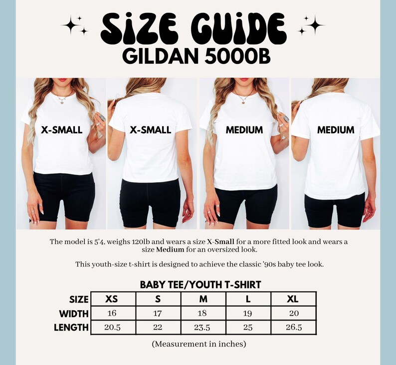 May include: Size chart for Gildan 5000B youth t-shirts. The chart shows the width and length measurements in inches for sizes XS, S, M, L, and XL.