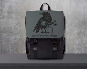 Crow Support Local Murder Backpack Raven Book Bag Gothic Back to School Gift Crowcore Lover Gift Dark Literature Poet Edgar Allan Poe Tote