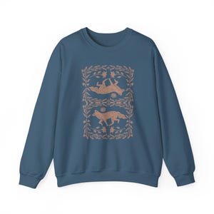 Fox Linocut Woodland Sweatshirt, Cottagecore Folk Art Boho Crewneck, Forest Naturecore Sweater, Granola Girl Top Indigo Blue