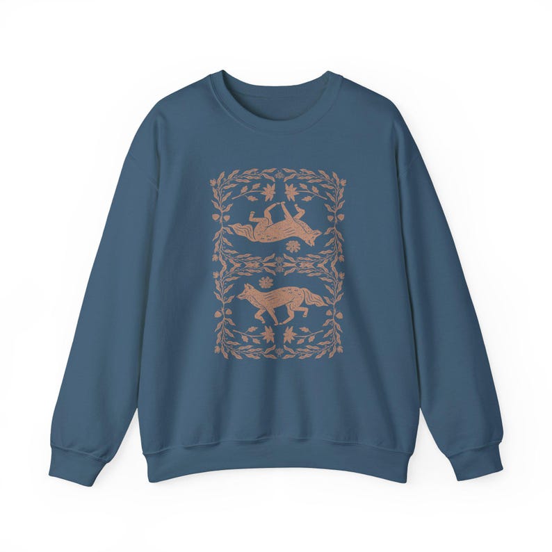 Fox Linocut Woodland Sweatshirt, Cottagecore Folk Art Boho Crewneck, Forest Naturecore Sweater, Granola Girl Top Indigo Blue