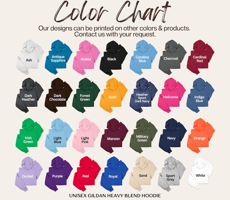 May include: Color chart showcasing a variety of unisex Gildan Heavy Blend hoodies in various colors, including Ash, Antique Sapphire, Azalea, and Black. The chart also includes colors like Carolina Blue, Charcoal, and Cardinal Red. The text "Color Chart" is at the top.