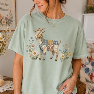 Patchwork Goat Shirt, Cottagecore Floral Tee, Sampler Faux Quilted Comfort Colors, Cute Farm Shirt, Grandmacore Quilt Square Vintage Gift