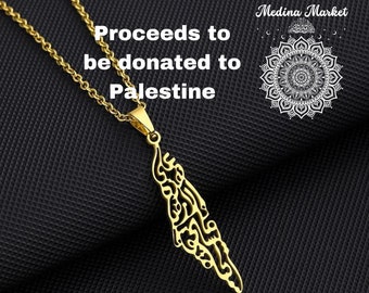 Pendentif carte de la Palestine - Calligraphie arabe - Collier unisexe - Argent et or