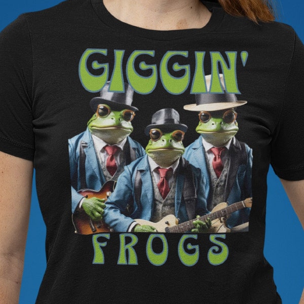 Frog Guitar gift t-shirt for musician, cute funny large sizes for music or frog lover. gigging frogs with hats and guitars in frog band pun