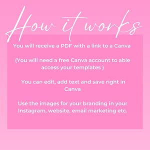 May include: Pink graphic with white text that reads "How it works." Instructions include receiving a PDF with a Canva link, editing in Canva, and using images for branding on Instagram, websites, and email marketing.